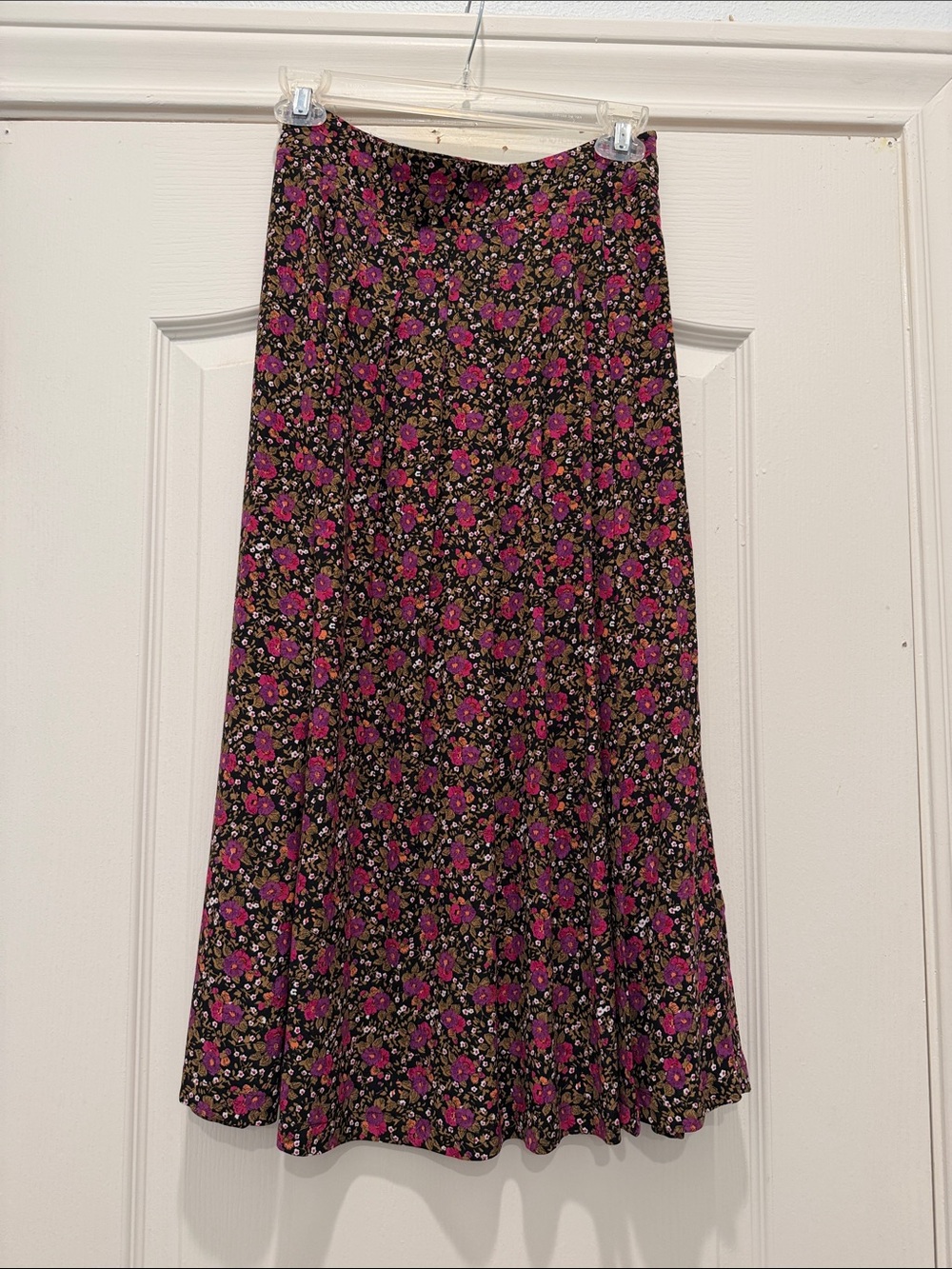 Sezane Black Midi Skirt with Pink Floral Print